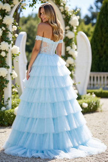 Off The Shoulder Appliqued Long Blue Prom Dress With Slit
